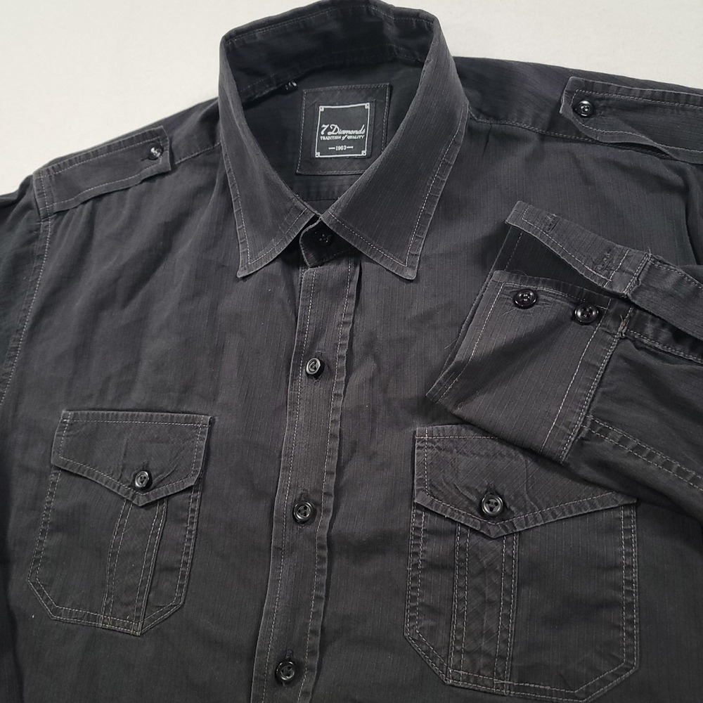 7 Diamonds Men Shirt Medium Black Military Epaulettes Cotton Blend
